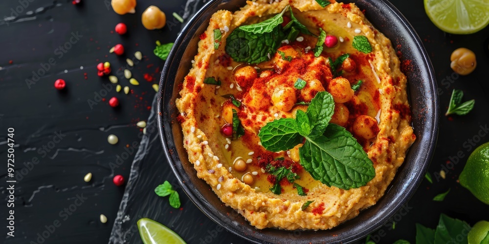 Hummus made from red pepper, mint, and lime, featuring mashed chickpeas; a close-up view of a plant-based snack.