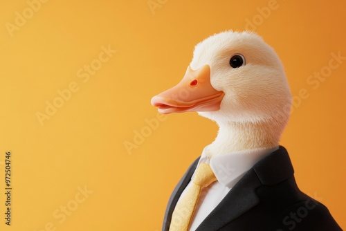 The anthropomorphic duck wears a suit like a businessman. A humanized stock image. Business concept. photo