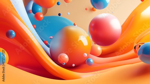 Abstract 3D rendering of colorful spheres and wavy shapes.