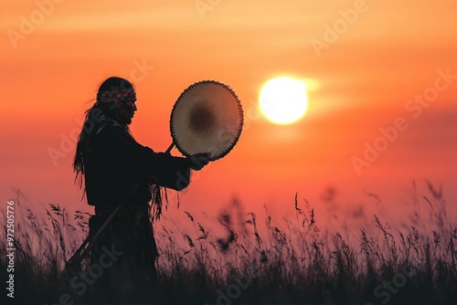 shaman ritual - spiritual native american shamanic man raises traditional drum and drumstick photo