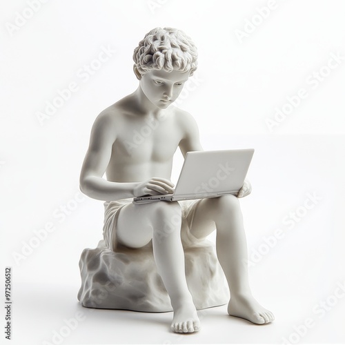 Giant gypsum statue of a man using a computer for IT work, isolated. Art created using generative AI