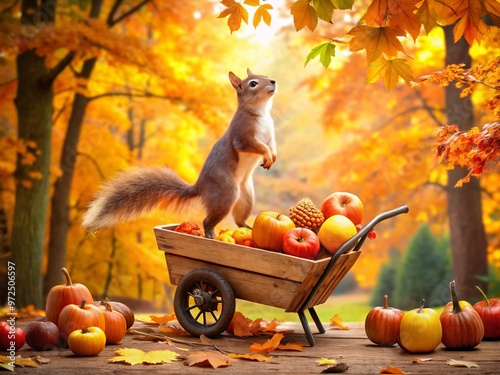 Colorful autumn leaves swirl around a cheerful cartoon squirrel standing on a wooden wheelbarrow filled with ripe photo
