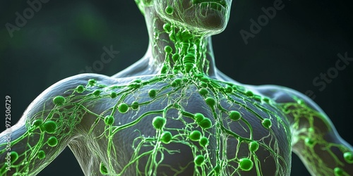 Human lymphatic system with green lymph nodes. photo