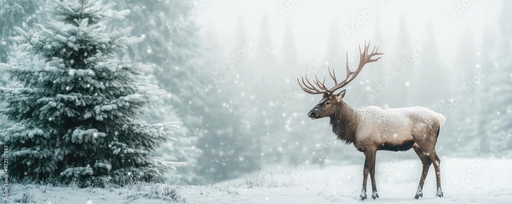 Naklejka premium A majestic deer stands in a serene snowy landscape, surrounded by frosted trees, embodying the tranquility of winter's beauty.