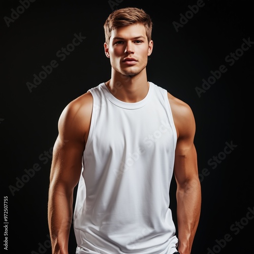 Men's tank top mockup. Standing athletic man model in sleeveless shirt mock up with black background. Blank white tshirt template. Workout tee, sportsman wear 