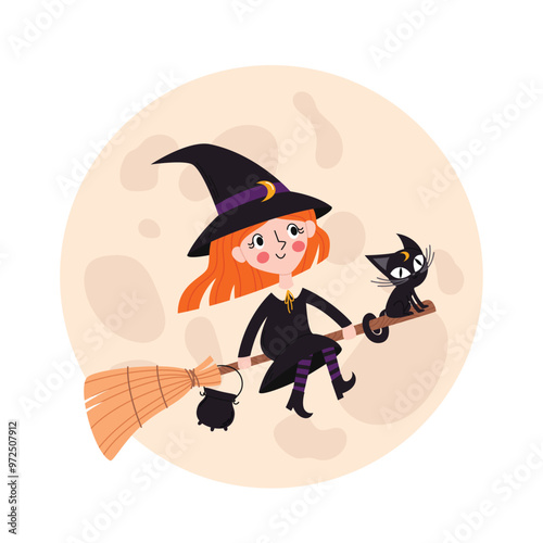 Cute children character. Little witch flying on a broom with a cat. The cauldron is hanging on a broom. Halloween fairy tale vector illustration