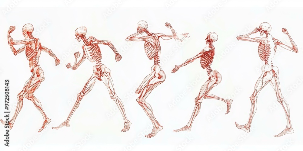 Five skeletal figures, red line drawings, white background. Five skeletal figures, red line drawings, white background.