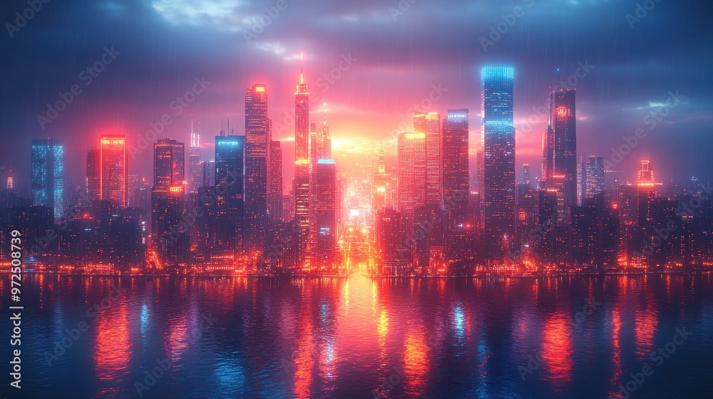 Modern Business Cityscape at Dusk with Illuminated Skyscrapers Reflecting on Water Modern Business Cityscape at Dusk with Illuminated Skyscrapers Reflecting on Water