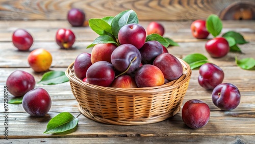 Fresh Japanese plums, ripe and juicy, spilled gently across a rustic wooden basket on a weathered wooden table,