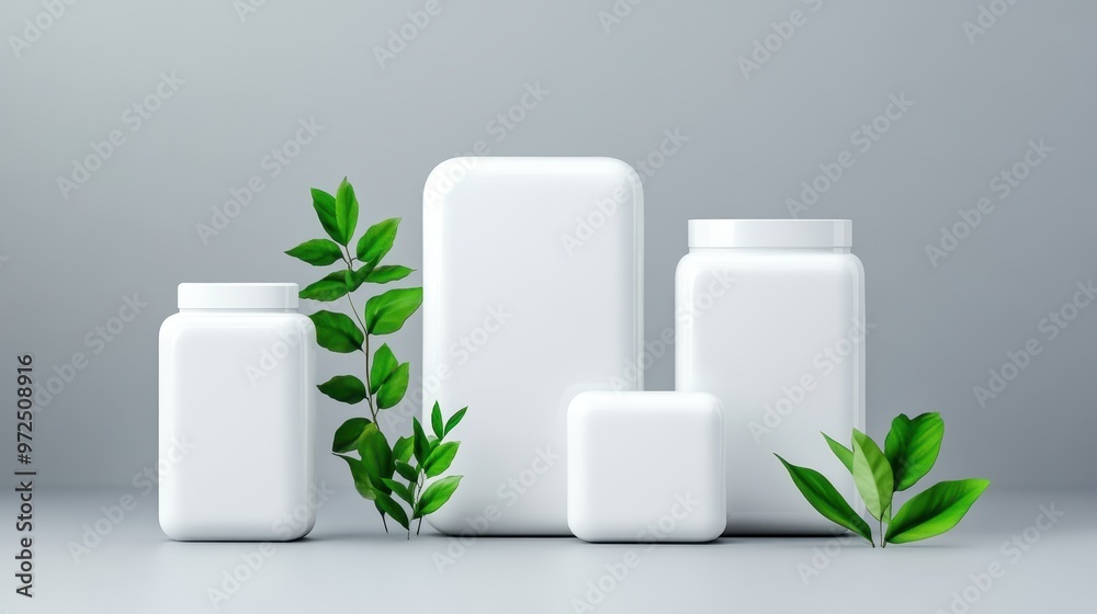 White Containers with Green Leaves on Grey Background
