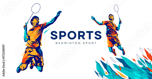 vector illustration of a badminton athlete with a jumping smash action. colored silhouette style design, grunge. badminton national sports day celebration design concept. national sports day. Not AI