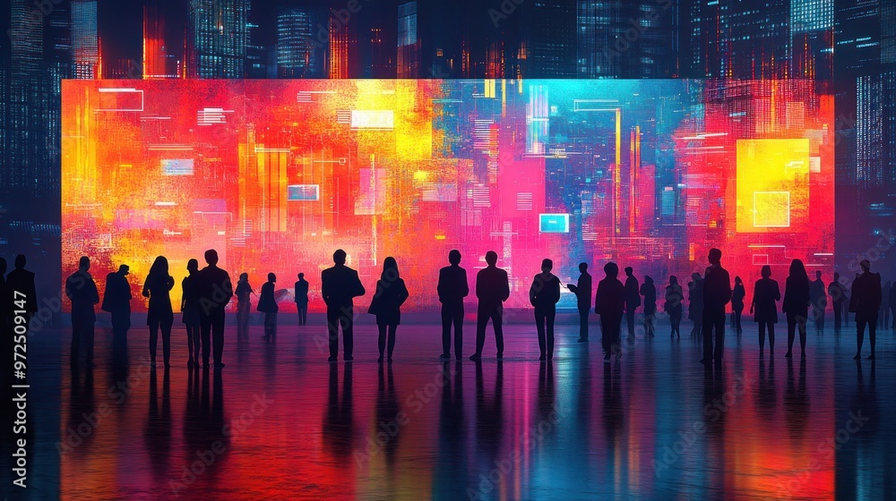 Silhouetted Business People in Front of a Vibrant Digital Display in a Modern Urban Setting Silhouetted Business People in Front of a Vibrant Digital Display in a Modern Urban Setting