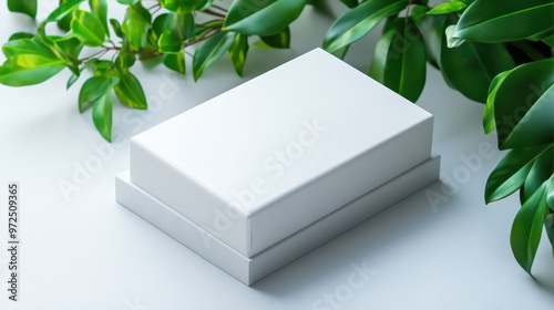 White Box Mockup with Green Leaves