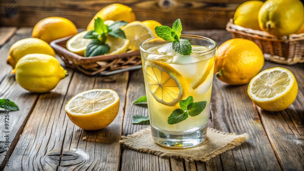 Freshly squeezed lemonade fills a glass, garnished with crisp lemon slices and chilled ice cubes, set on a Freshly squeezed lemonade fills a glass, garnished with crisp lemon slices and chilled ice cubes, set on a