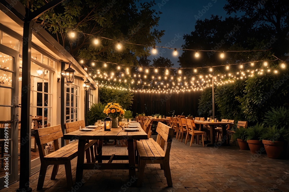 Charming outdoor dining space under a canopy of glowin