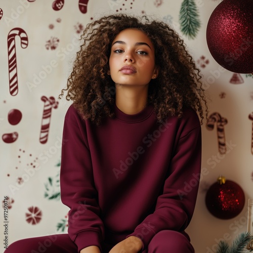 Teenage black model in long sleeve tshirt mockup with drawn Cristmas motifs wall background. Young girl in maroon sweatshirt mockup. Teen's Gildan, front view. Basic pullover, winter casual jumper photo