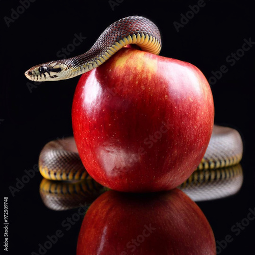A snake on a red apple. AI generated.