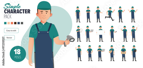 Simple flat shop assistant retail worker vector character in a set of multiple poses. Easy to edit and isolated on a white background. Modern trendy style character mega pack with lots of poses.	