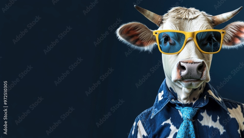 Featuring a funky cow wearing sunglasses, a funky jacket, and blue tie on a seamless dark blue background using AI text generation Featuring a funky cow wearing sunglasses, a funky jacket, and blue tie on a seamless dark blue background using AI text generation