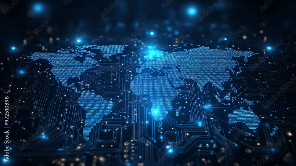 Fototapeta premium Abstract digital graphic world map with glowing contour line on dark background, digital world map with code
