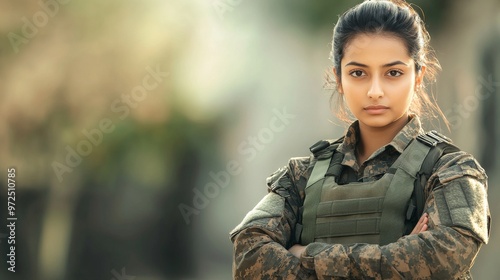 Obraz na płótnie Confident Young Female Soldier of Indian Descent in Military Uniform Looking Determined, Outdoor Scene, Suitable for Defense, Strength, Diversity Themes w salonie