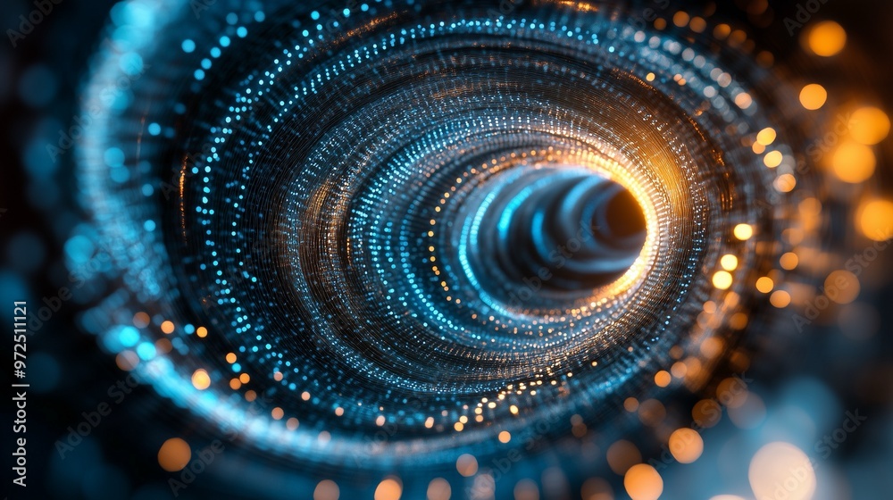 A mesmerizing digital tunnel of light, showcasing vibrant blue and orange particles, perfect for technology and abstract themes.