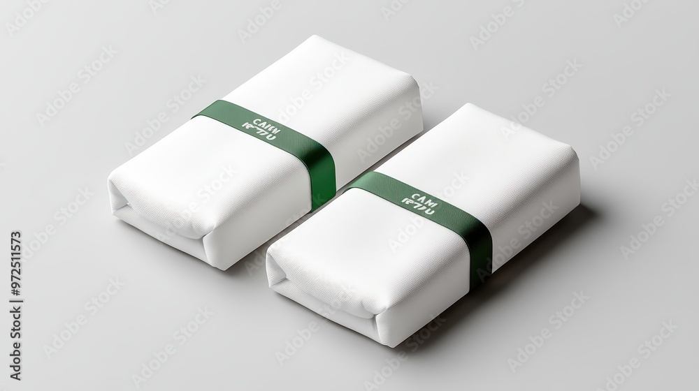 White Packaging Boxes with Green Ribbon Mockup White Packaging Boxes with Green Ribbon Mockup