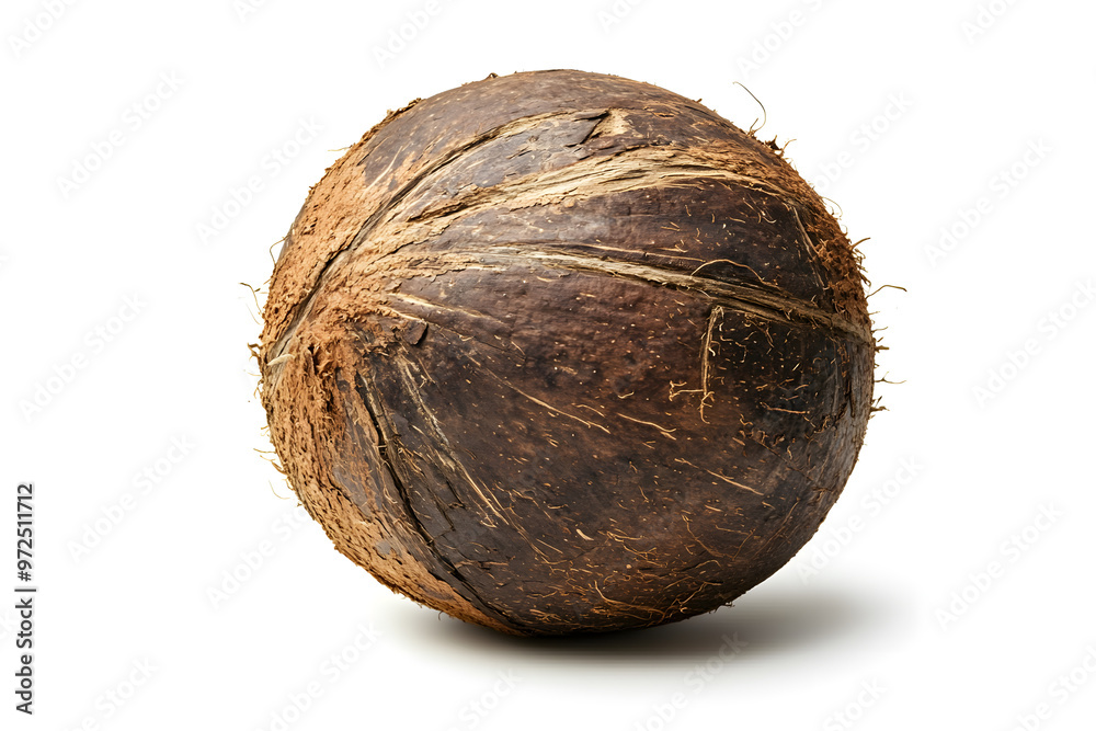 A whole coconut, with its rough fibrous shell, displayed against a clean white background, emphasizing its natural texture and tropical origin A whole coconut, with its rough fibrous shell, displayed against a clean white background, emphasizing its natural texture and tropical origin