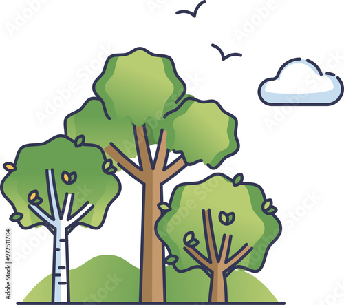 Cartoon of lush green trees, symbolizing nature, growth, and environmental care.