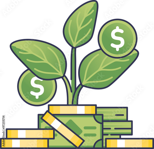 Plant with dollar signs as leaves growing from money, symbolizing profitable green investment.