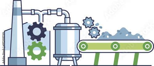 Illustration of a recycling facility with conveyor belt, gears, and pipes processing materials.