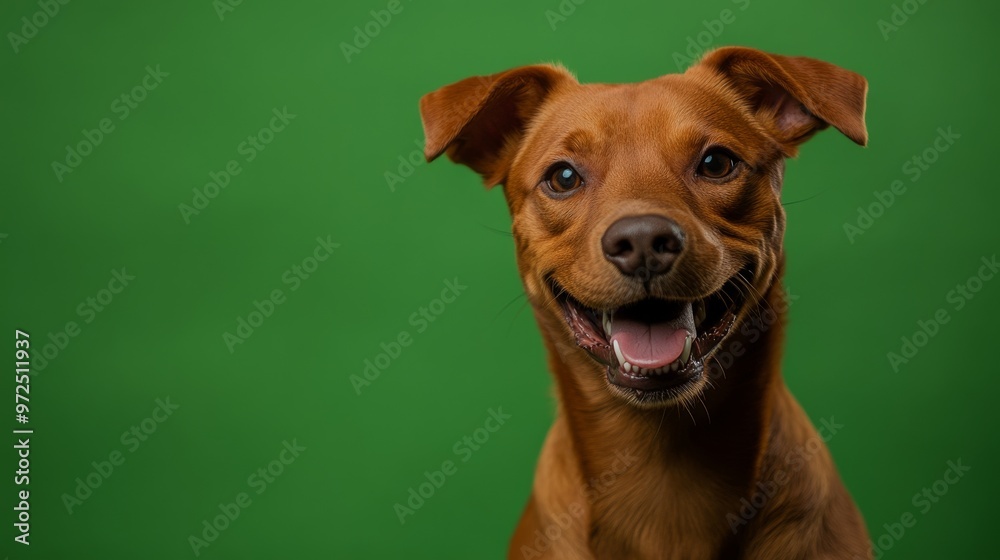 An image of a black and white mixed breed dog smiling against a green background is taken in a studio An image of a black and white mixed breed dog smiling against a green background is taken in a studio
