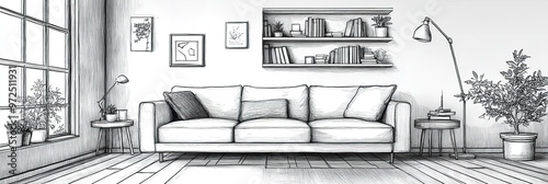 Line interior home art room design illustration outline sketch furniture  photo