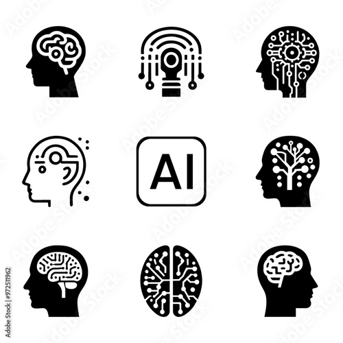 artificial intelligence icon set vector design, AI vector, robot, brain, bot, Created with generative AI