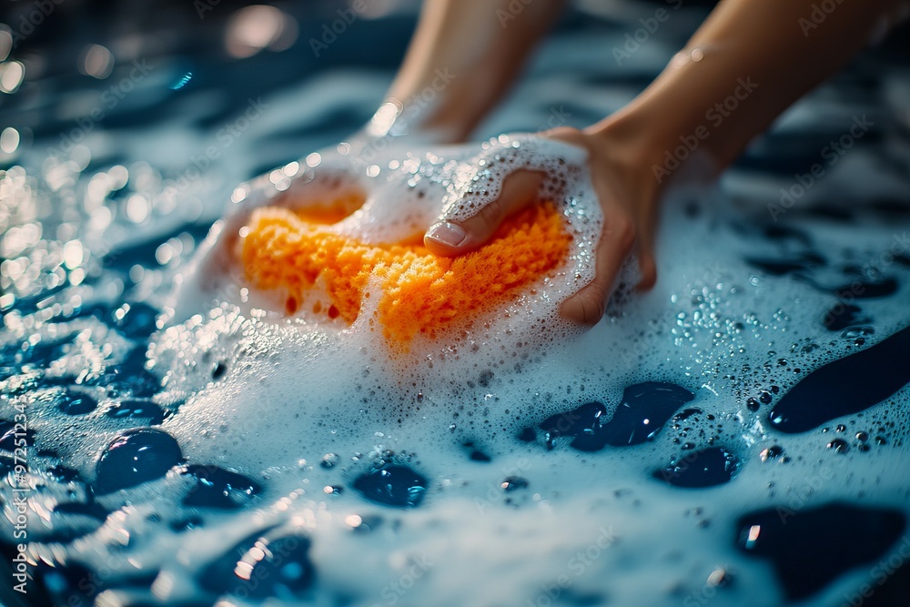 Fototapeta premium Close-Up of Car Washing Process with Sponge in Soapy Foam and Bubbles Featuring High-Quality Detailing new beautiful stock image illustration AI