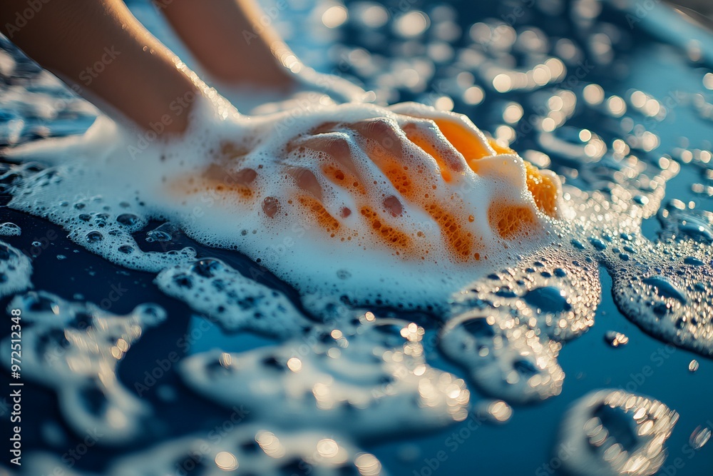 Close-Up of Car Washing Process with Sponge in Soapy Foam and Bubbles Featuring High-Quality Detailing new beautiful stock image illustration AI Close-Up of Car Washing Process with Sponge in Soapy Foam and Bubbles Featuring High-Quality Detailing new beautiful stock image illustration AI