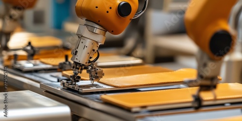 Industrial robotic arm sewing leather goods.