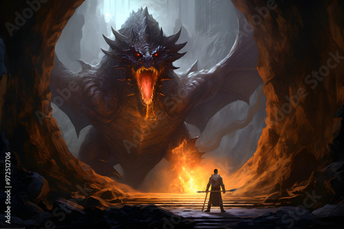 comic style illustration of a warrior standing in front of dragon in cave photo