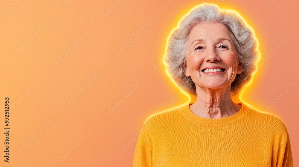 Cheerful senior woman smiling against a bright orange background, radiating joy and positivity. Cheerful senior woman smiling against a bright orange background, radiating joy and positivity.