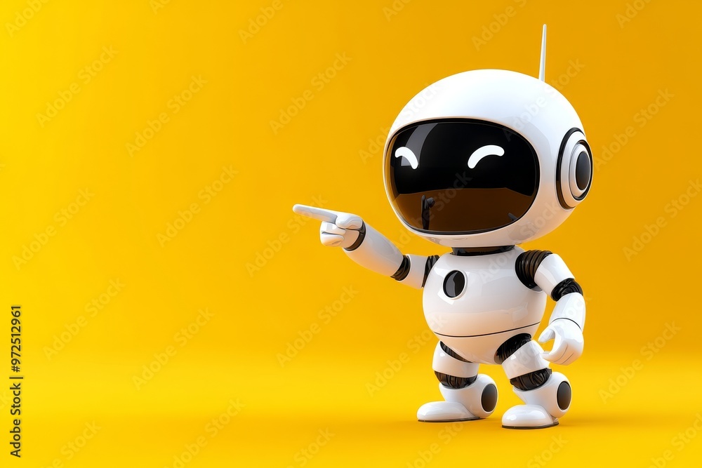 A cute robot pointing at a space. Copy the space. A cute robot pointing at a space. Copy the space.