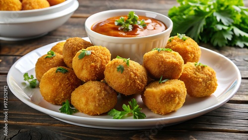 Golden-brown croquettes, crispy on the outside and fluffy within, are served on a pristine white plate, accompanied by