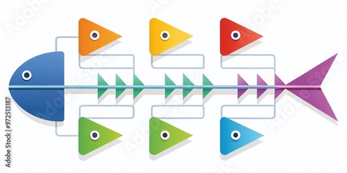 Colorful diagram template featuring fishbone structure with arrows and boxes to identify and organize causes and photo