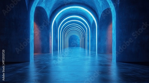 Fototapeta Naklejka Na Ścianę i Meble -  3d render abstract minimalist blue background bright light going through the round arch in dark empty room