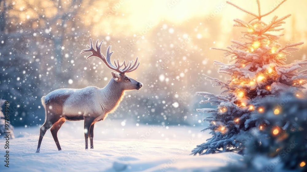 A serene winter scene featuring a majestic reindeer beside a sparkling Christmas tree, surrounded by falling snow. A serene winter scene featuring a majestic reindeer beside a sparkling Christmas tree, surrounded by falling snow.
