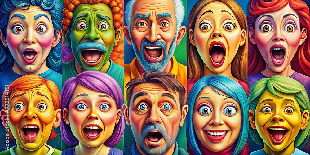 Colorful, exaggerated cartoon faces with varying emotions and reactions, from smiling to shocked, showcase a range of Colorful, exaggerated cartoon faces with varying emotions and reactions, from smiling to shocked, showcase a range of