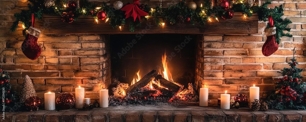A cozy fireplace adorned with festive decorations, glowing candles, and a warm fire, creating a perfect holiday atmosphere. A cozy fireplace adorned with festive decorations, glowing candles, and a warm fire, creating a perfect holiday atmosphere.