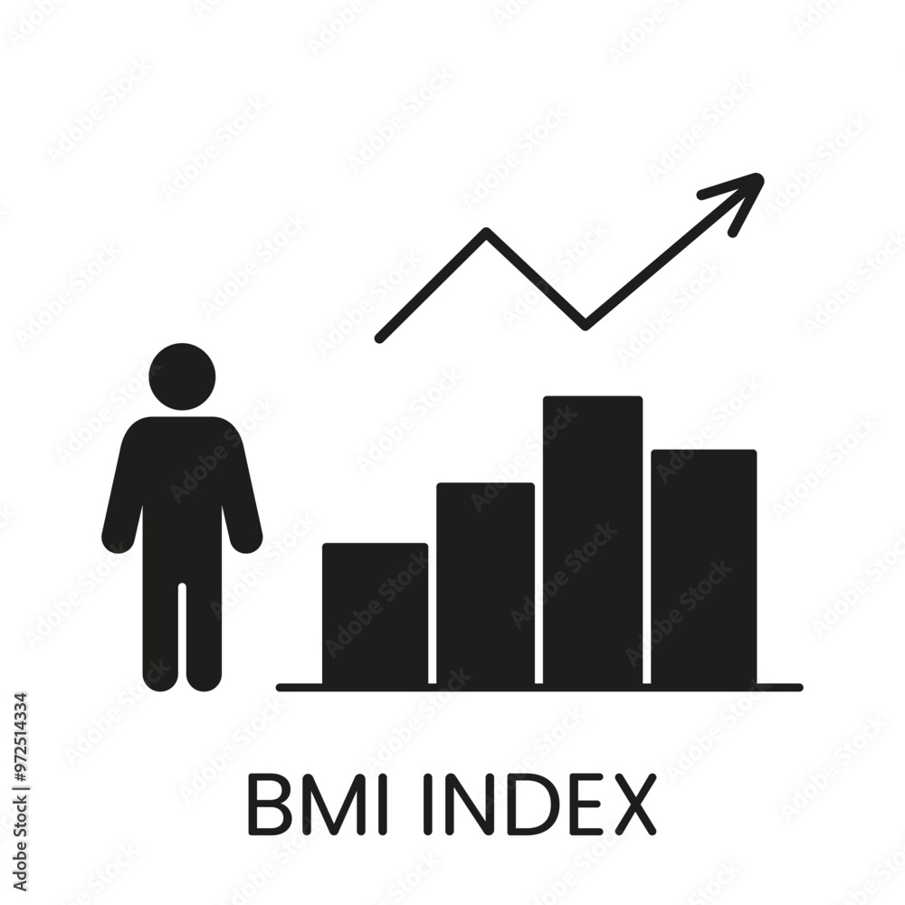 BMI Index with Bar Graph and Arrow Silhouette Icon. Weight Management and Health Analysis. Body Mass Index Glyph Pictogram. Isolated Vector Illustration BMI Index with Bar Graph and Arrow Silhouette Icon. Weight Management and Health Analysis. Body Mass Index Glyph Pictogram. Isolated Vector Illustration