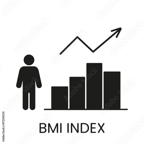 BMI Index with Bar Graph and Arrow Silhouette Icon. Weight Management and Health Analysis. Body Mass Index Glyph Pictogram. Isolated Vector Illustration