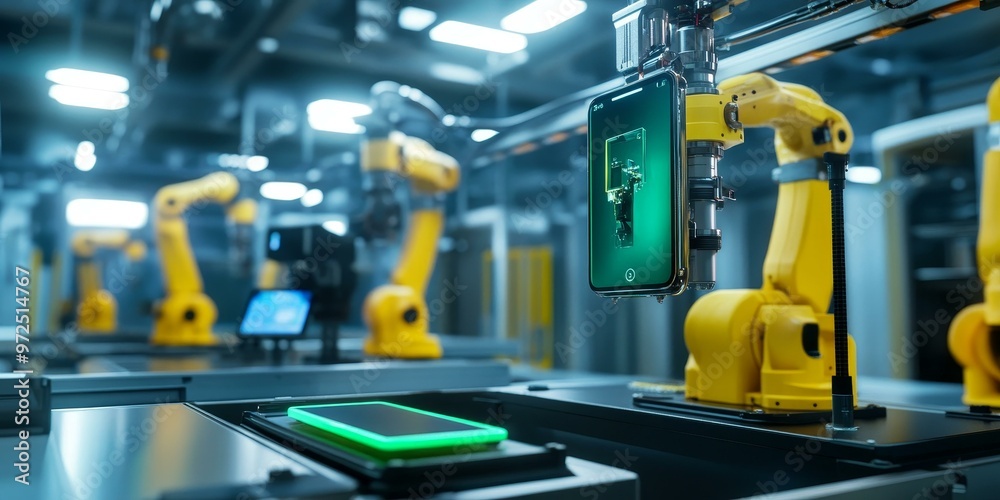 Fototapeta premium Robot arm placing smartphone on assembly line.