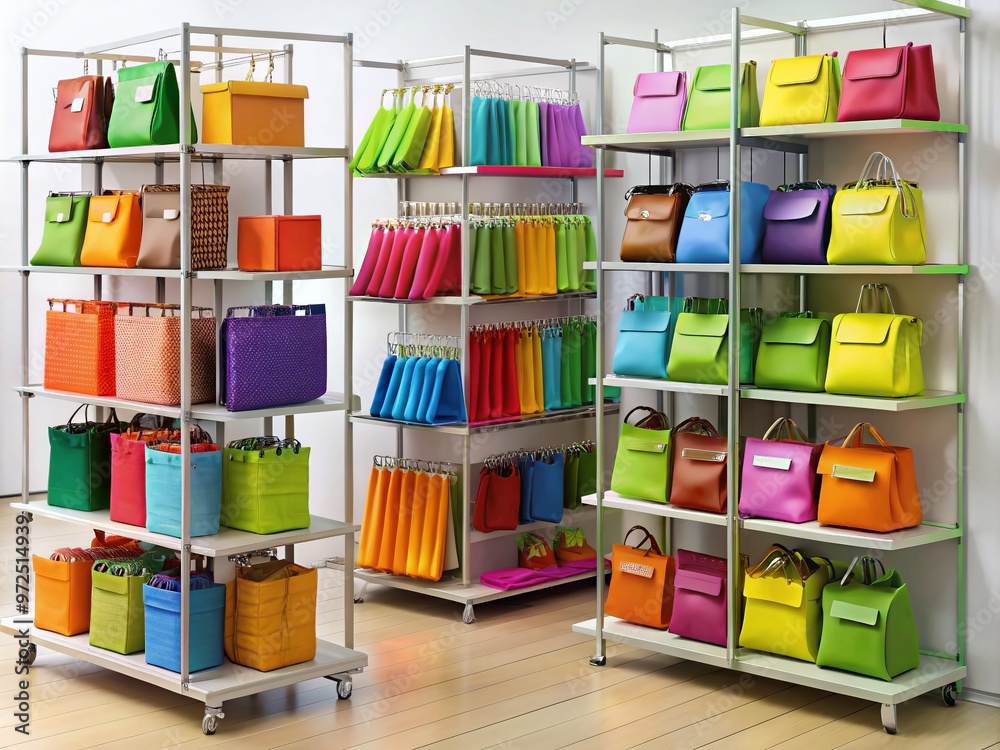 Colorful foldable flap display stands with adjustable shelves and hooks, neatly arranged with various merchandise, Colorful foldable flap display stands with adjustable shelves and hooks, neatly arranged with various merchandise,